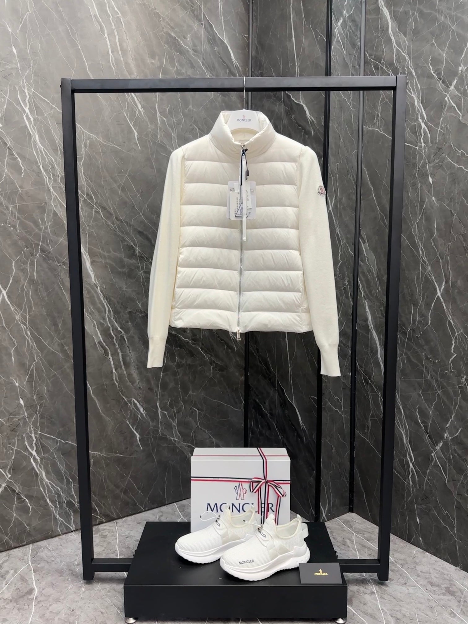 Moncler long padded jacket, light white, front zip with raised collar