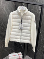 Moncler long padded jacket, light white on hanger with front zip and hanging tag
