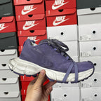 Dark blue mesh lace-up sneaker side view with thick silver sole
