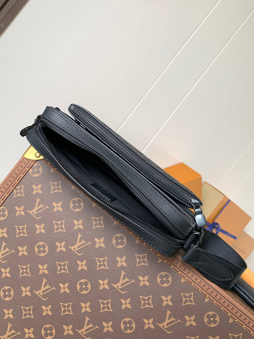 Men's Louis Vuitton monogram bag, dark gray, with zip top and side strap