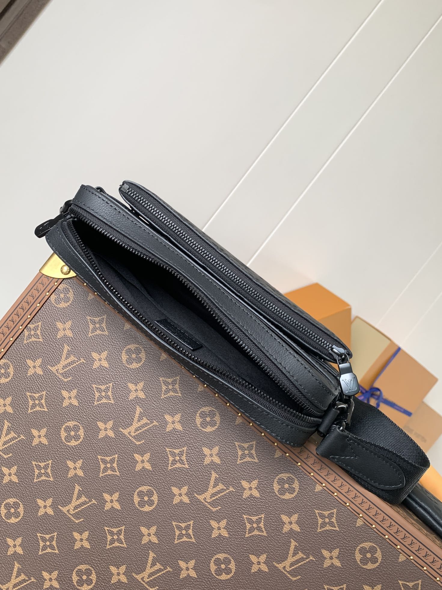 Men's Louis Vuitton monogram bag, dark gray, with zip top and side strap