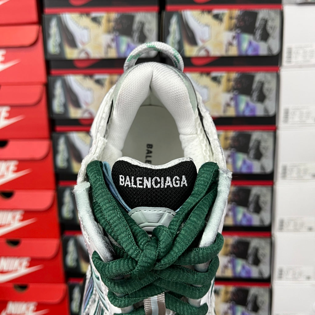 Balenciaga unisex running shoes, heel and tongue view with BALENCIAGA label and green laces