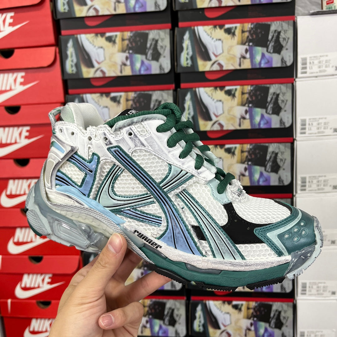 Balenciaga unisex running shoes, white mesh with teal stripes and green laces