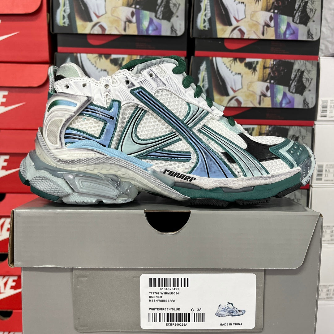Balenciaga unisex running shoes on box, white mesh uppers with teal accents and green laces