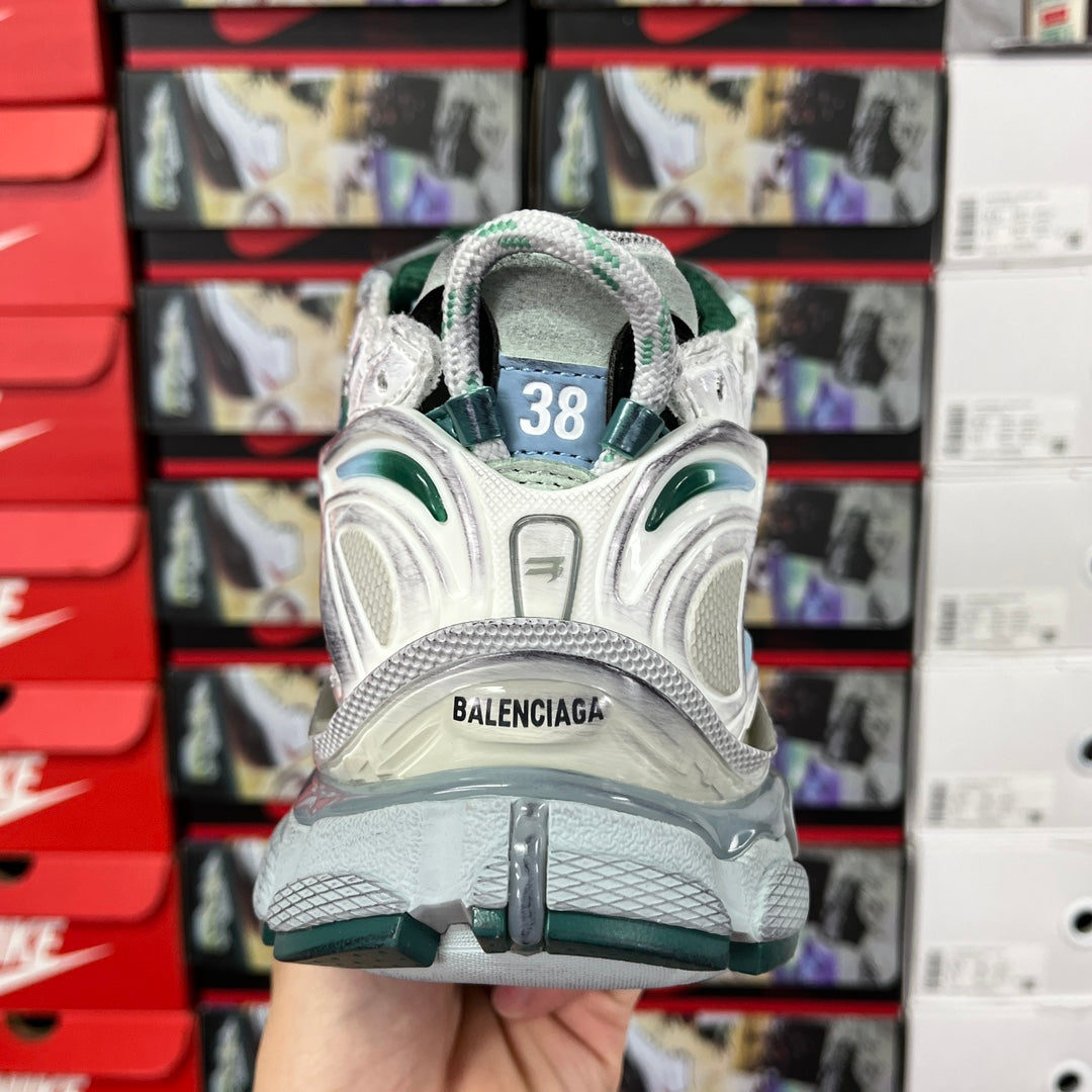 Balenciaga unisex running shoes, rear view with green heel tabs and grippy outsole tread