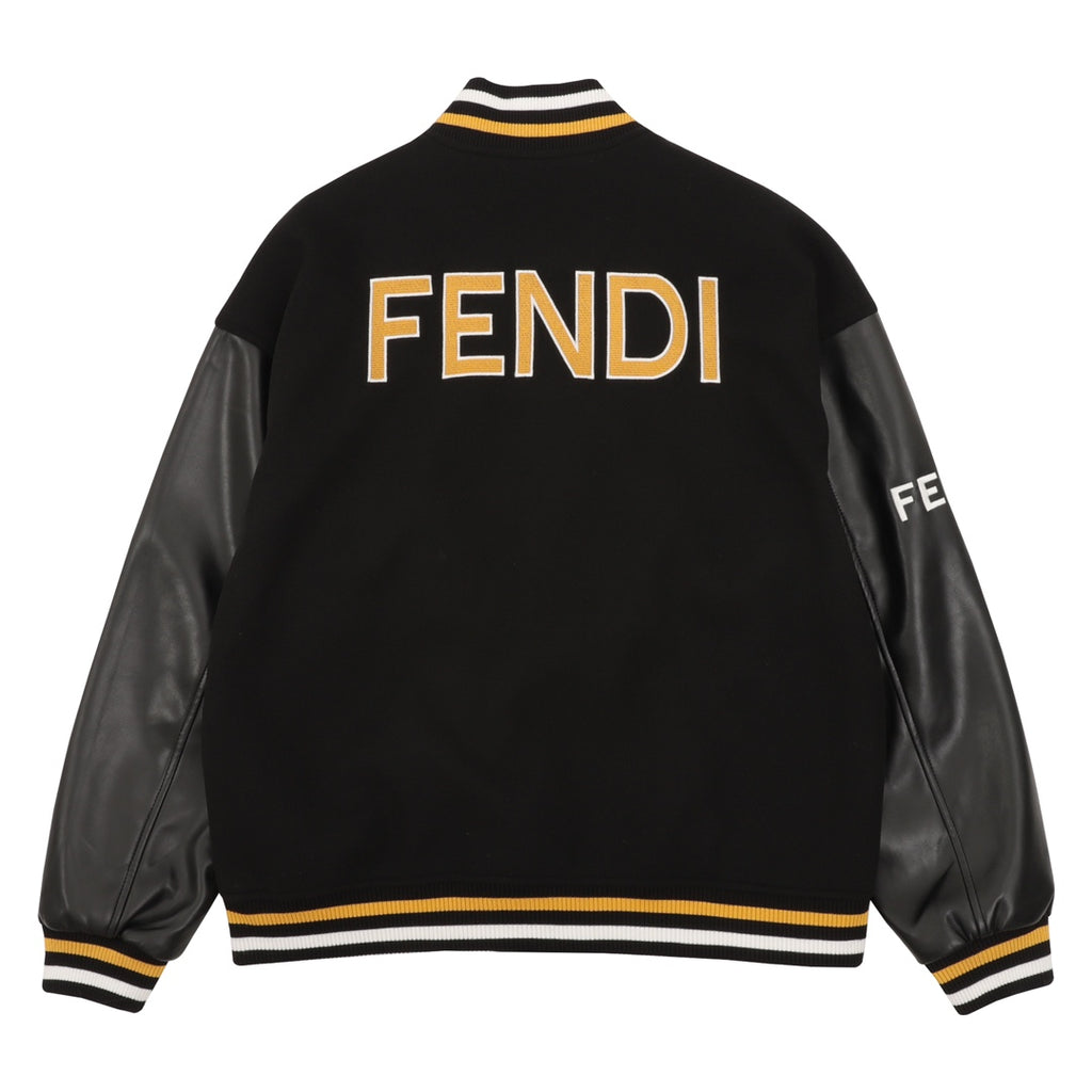 Black long-sleeve varsity jacket with FENDI back print, yellow/white ribbed hem and cuffs