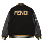 Black long-sleeve varsity jacket with FENDI back print, yellow/white ribbed hem and cuffs