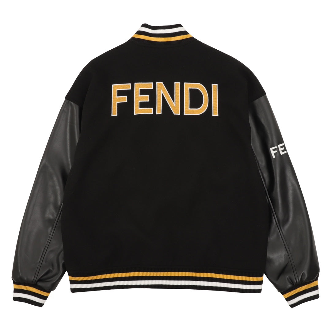 Black long-sleeve varsity jacket with FENDI back print, yellow/white ribbed hem and cuffs