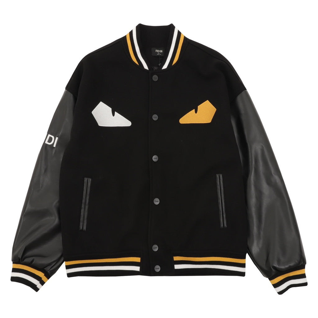 Black long-sleeve varsity jacket with FENDI logo, button front, yellow/white striped cuffs