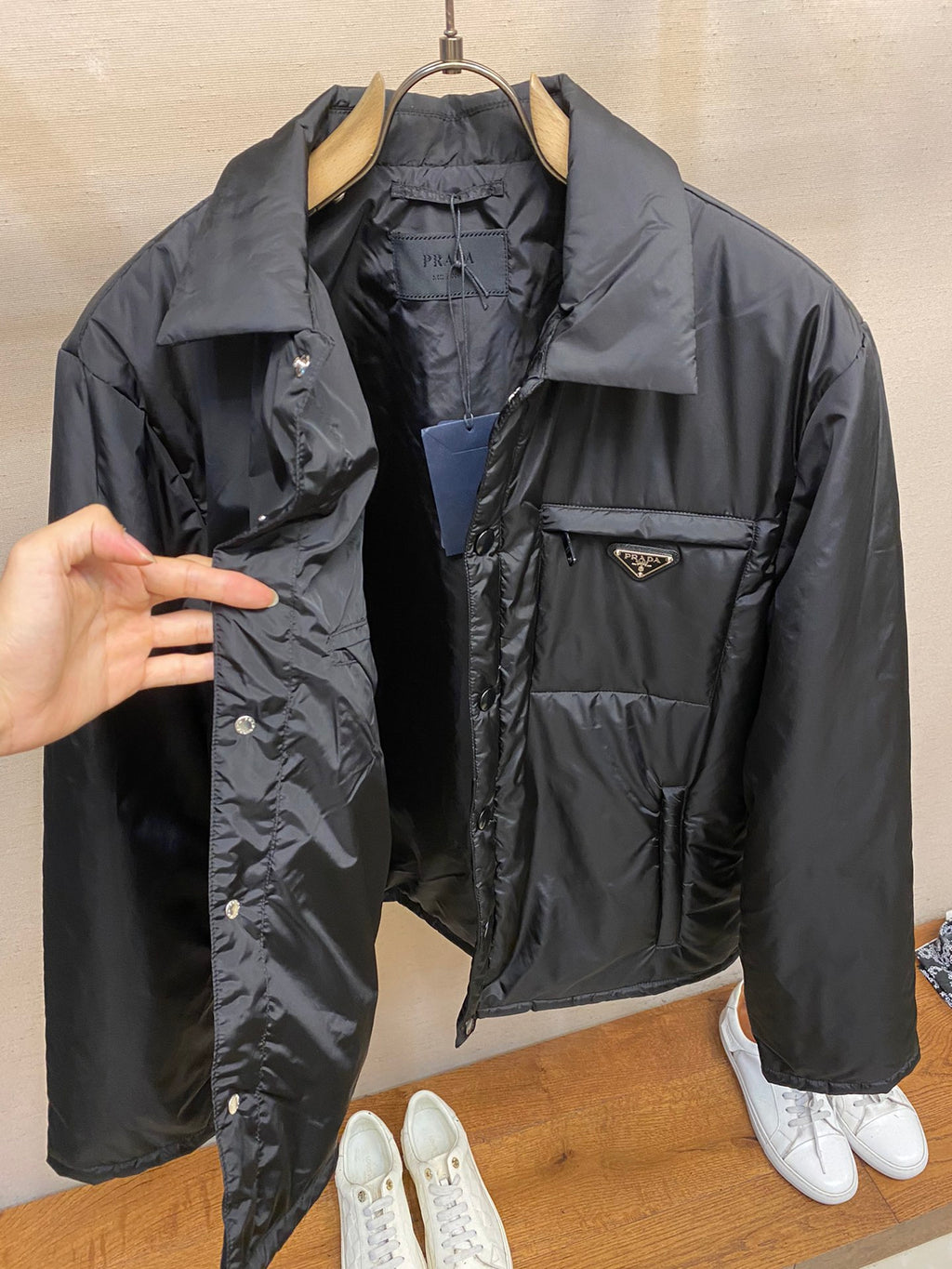 Prada long nylon jacket, dark color, open front with inner lining and logo pocket