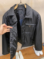Prada long nylon jacket, dark color, open front with inner lining and logo pocket