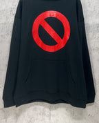 Balenciaga long hoodie, dark with red circle-and-slash logo and kangaroo pocket