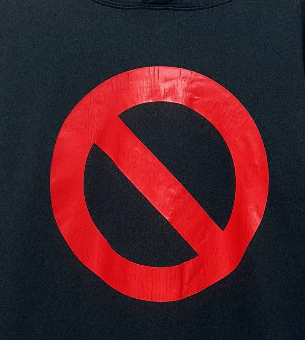 Balenciaga long hoodie logo, red circle with black slash on dark fabric