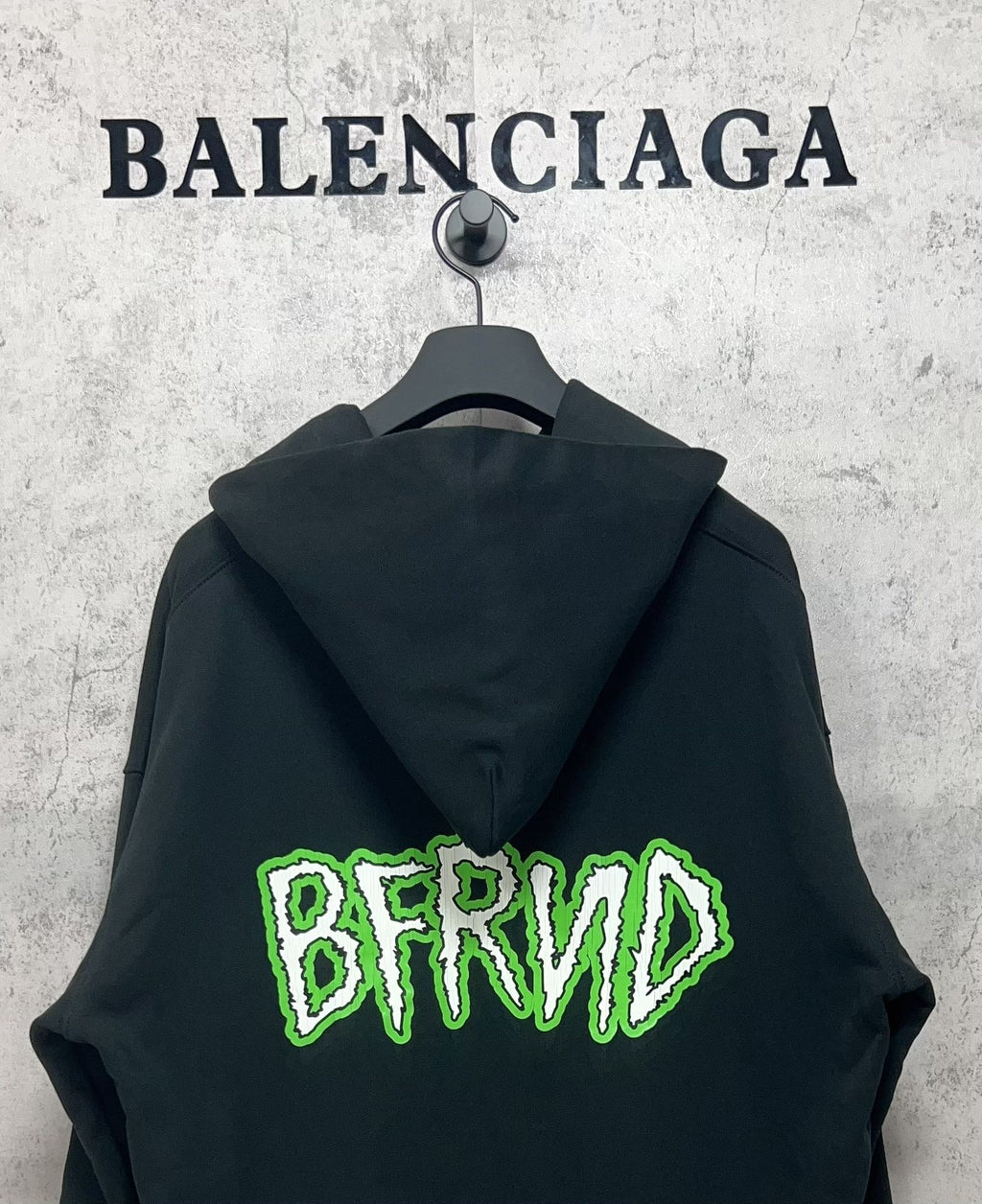 Balenciaga long hoodie back, dark with green BRND lettering