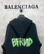 Balenciaga long hoodie back, dark with green BRND lettering