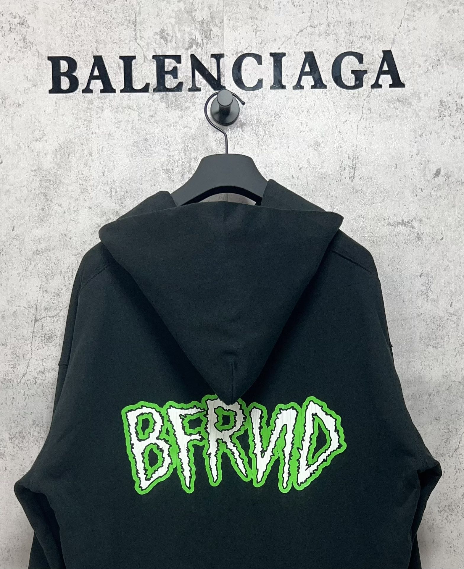 Balenciaga long hoodie back, dark with green BRND lettering