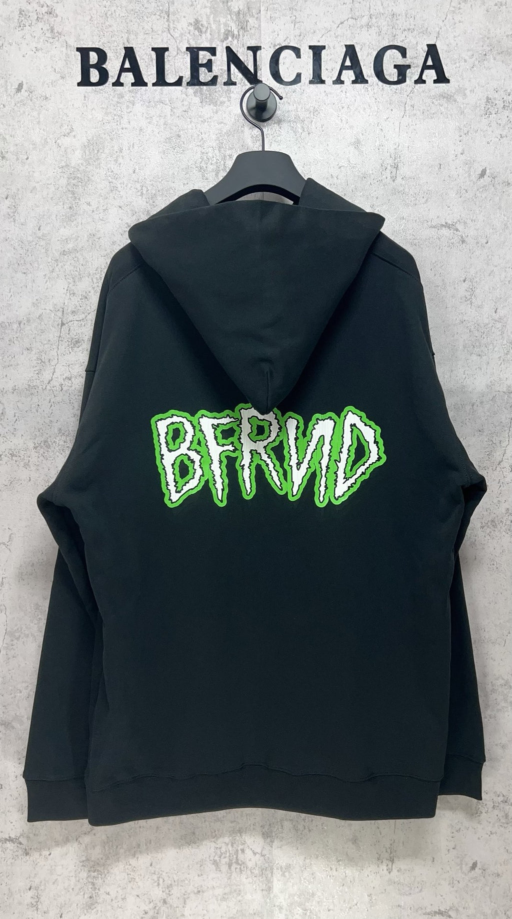 Balenciaga long hoodie, dark with green BRND text on back