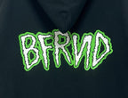 Balenciaga long hoodie text detail, green BRND letters on dark fabric