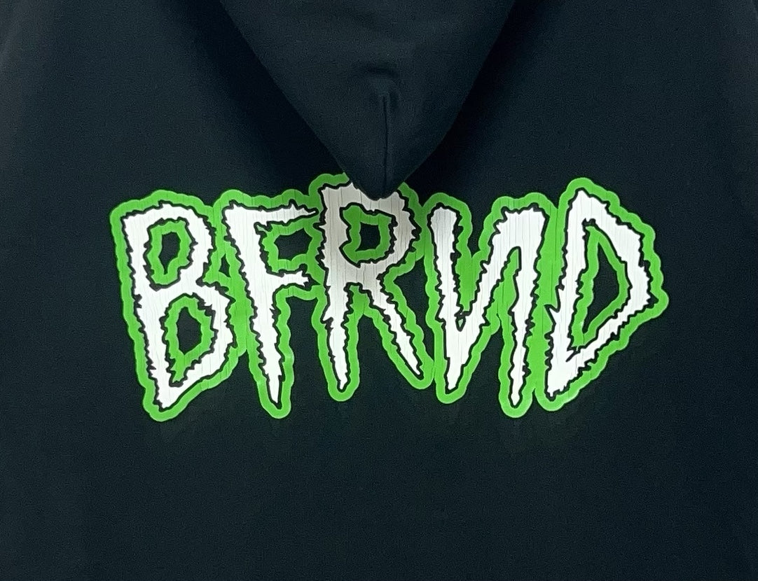 Balenciaga long hoodie text detail, green BRND letters on dark fabric