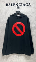 Balenciaga long hoodie, dark with red circle-and-slash logo and kangaroo pocket