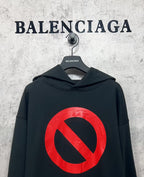 Balenciaga long hoodie, dark with large red circle-and-slash logo