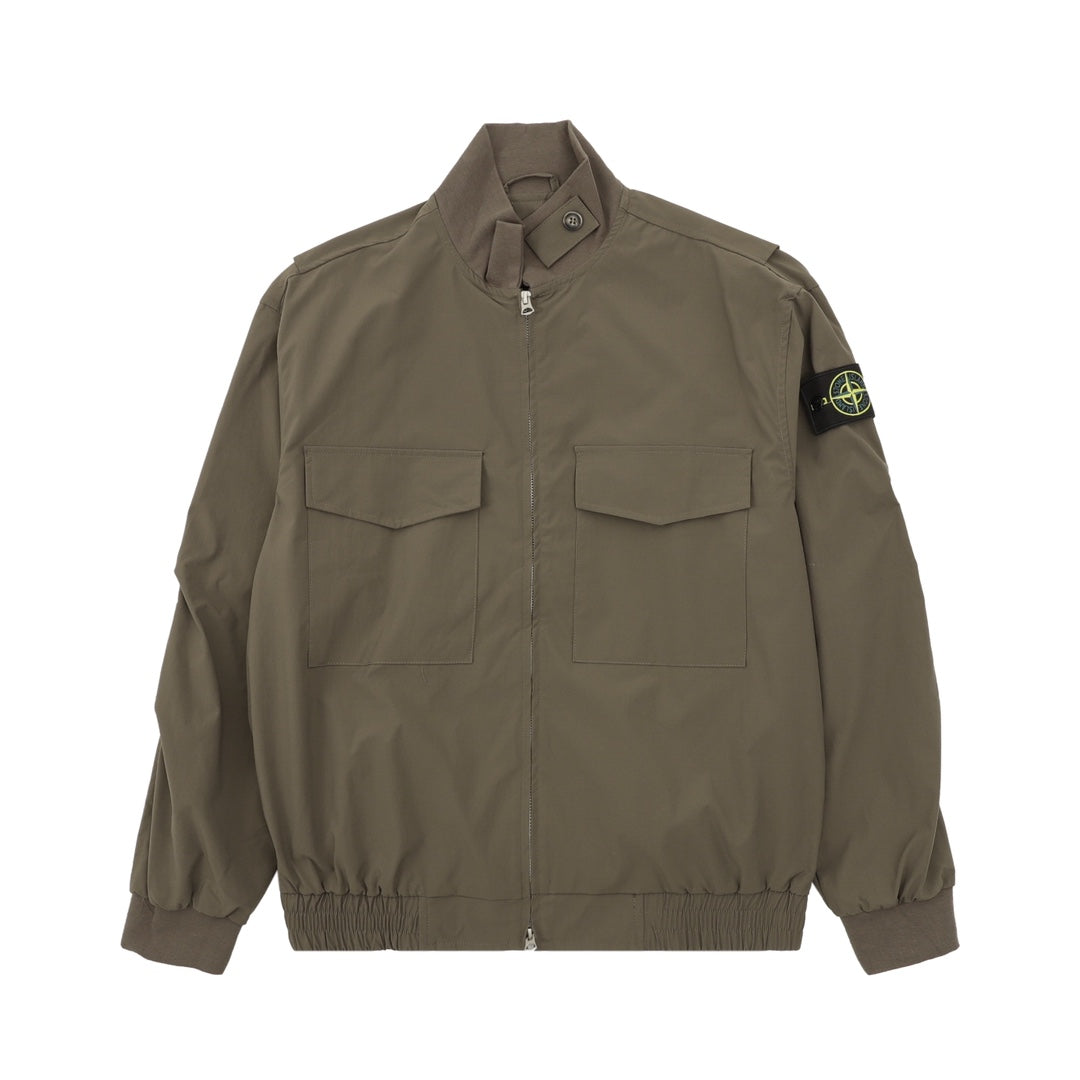 Stone Island bomber jacket in olive with front zip, snap collar, and chest pockets