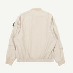 Light beige zip-up jacket back view with ribbed cuffs and elastic hem