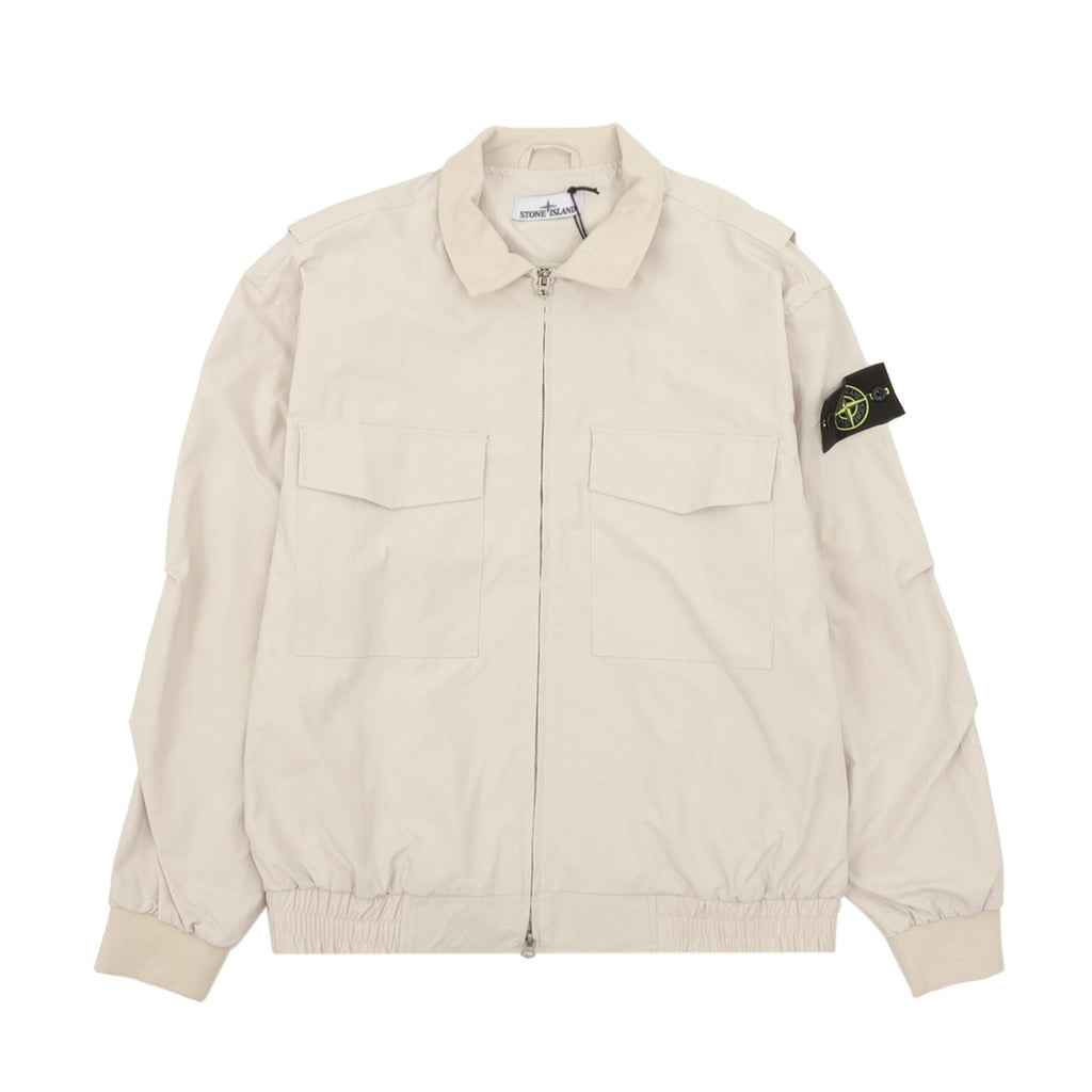 Light beige zip-up jacket with stand collar and two chest pockets