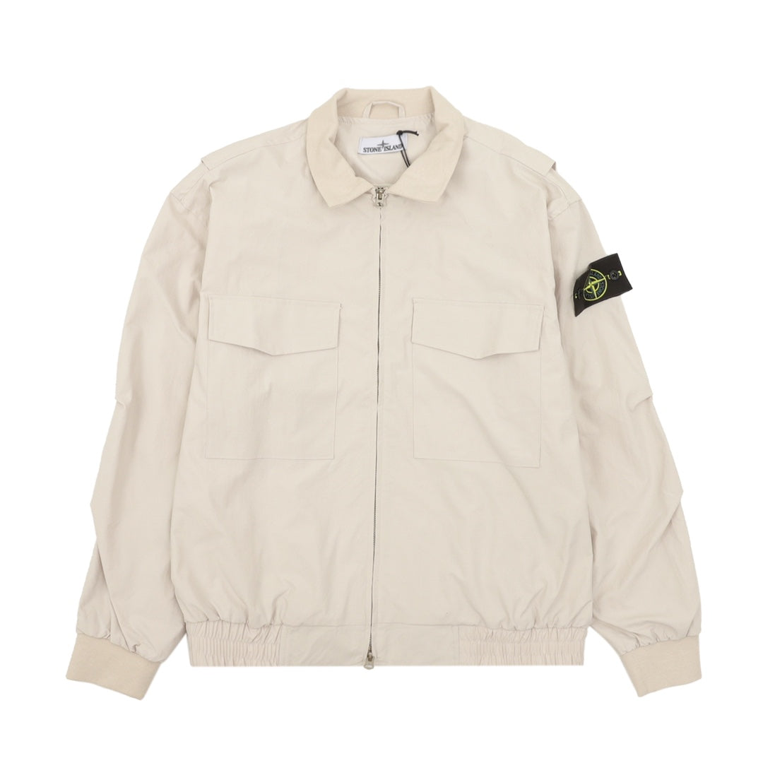 Light beige zip-up jacket with stand collar and two chest pockets