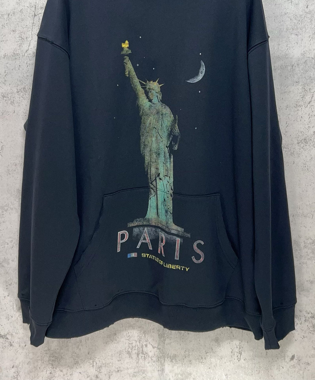 Balenciaga hooded sweatshirt, dark navy, Statue of Liberty graphic with "PARIS" print