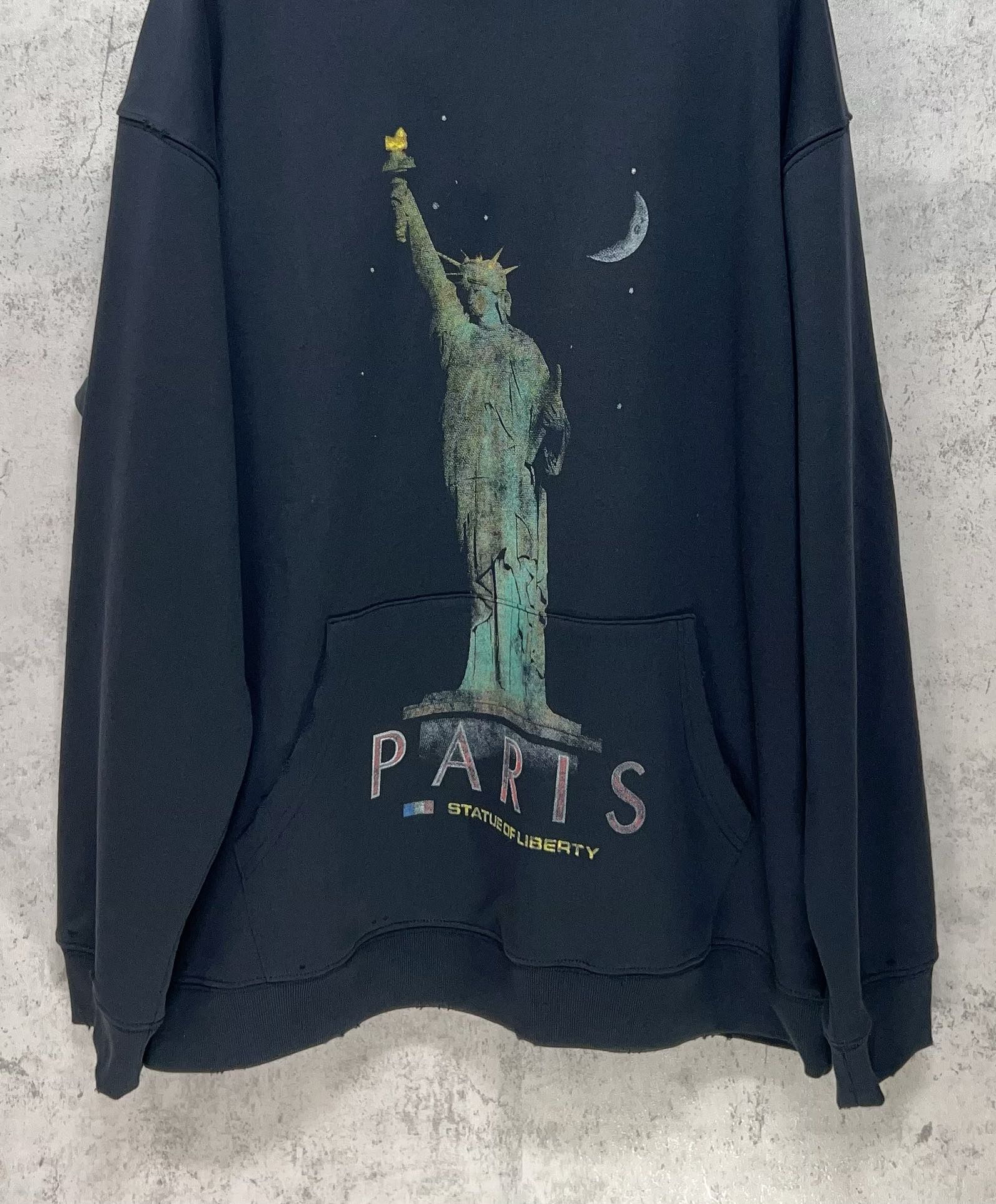 Balenciaga hooded sweatshirt, dark navy, Statue of Liberty graphic with "PARIS" print