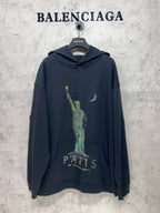 Balenciaga hooded sweatshirt in dark navy with Statue of Liberty and "PARIS" print