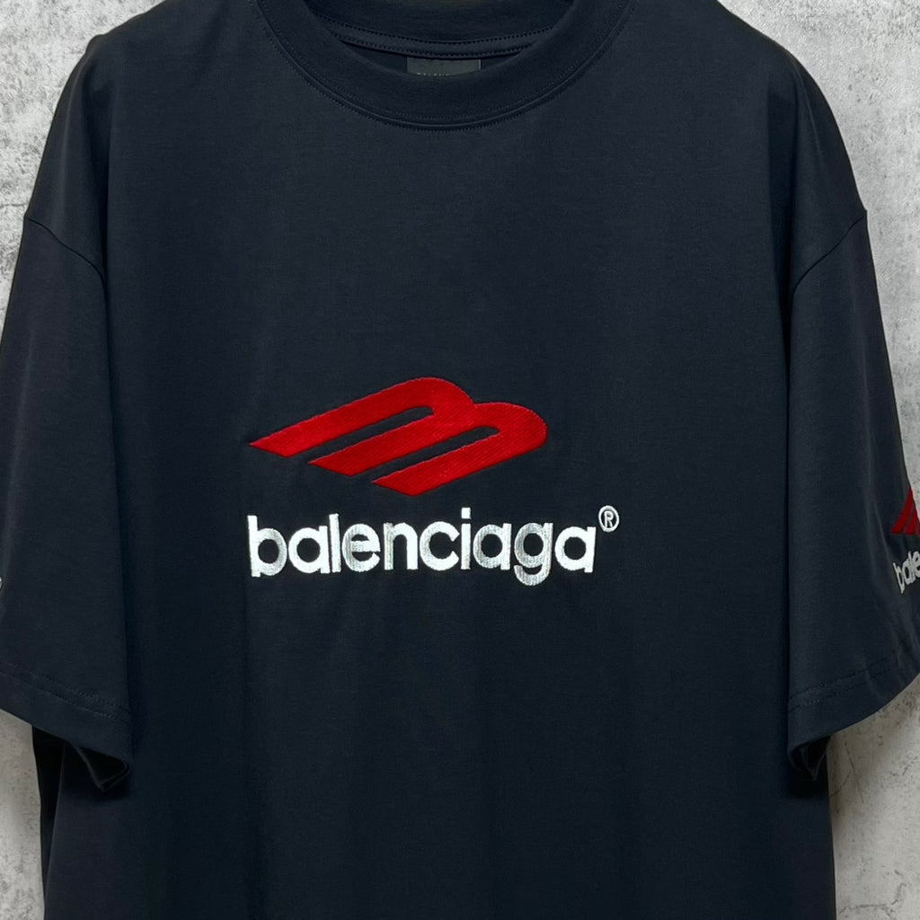 Balenciaga logo T-shirt, dark short-sleeve with large red chest logo