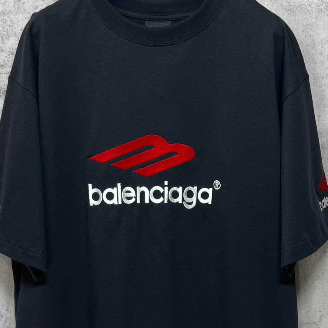 Balenciaga logo T-shirt, dark short-sleeve with large red chest logo
