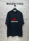 Balenciaga logo T-shirt, dark short-sleeve crewneck with red emblem on chest