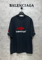 Balenciaga logo T-shirt, dark short-sleeve crewneck with red emblem on chest