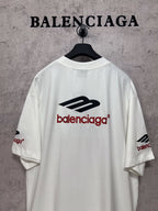 White short-sleeve T-shirt back view with Balenciaga logo print and logo on sleeve.