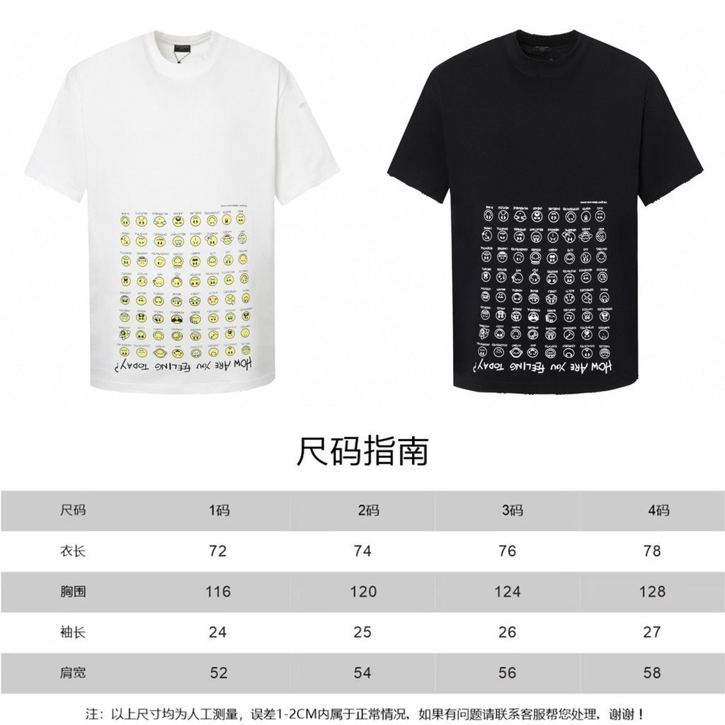 Balenciaga T-shirt size chart with front views: white and black emoji graphic prints
