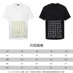 Black and white short-sleeve T-shirts with circular logo print; size chart shown