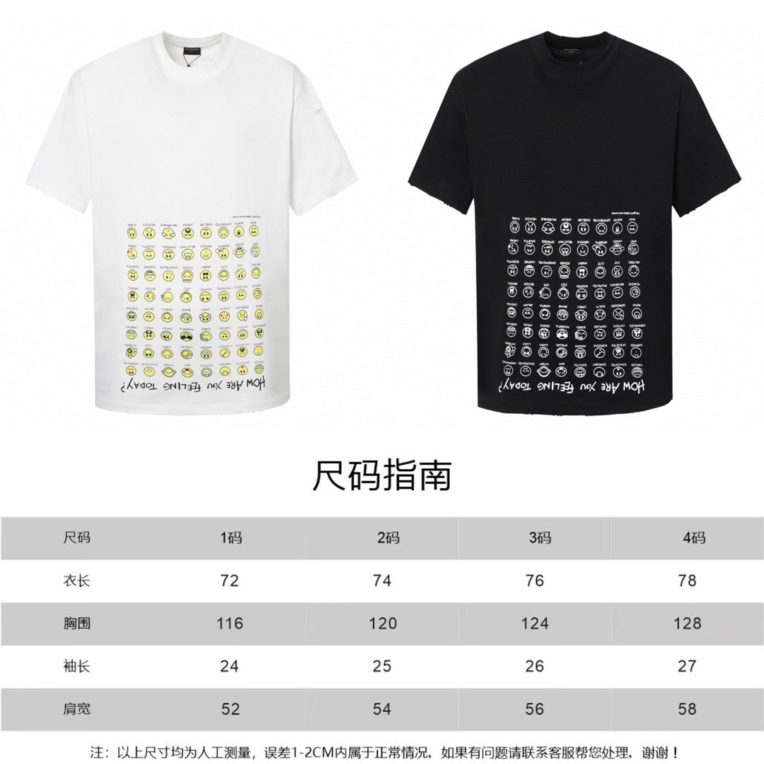 Black and white short-sleeve T-shirts with circular logo print; size chart shown