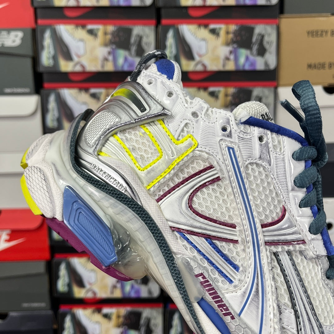 Balenciaga unisex sneakers, white upper with neon yellow and blue stripes and lace eyelets