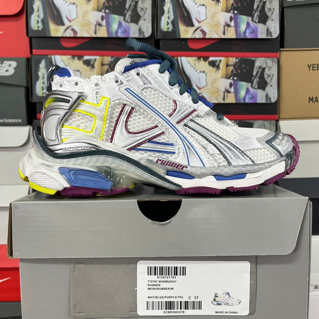Balenciaga unisex sneakers on box, white/silver upper with blue laces and neon trim