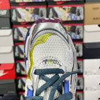 Balenciaga unisex sneaker heel and lace area, white upper with blue laces and neon trim