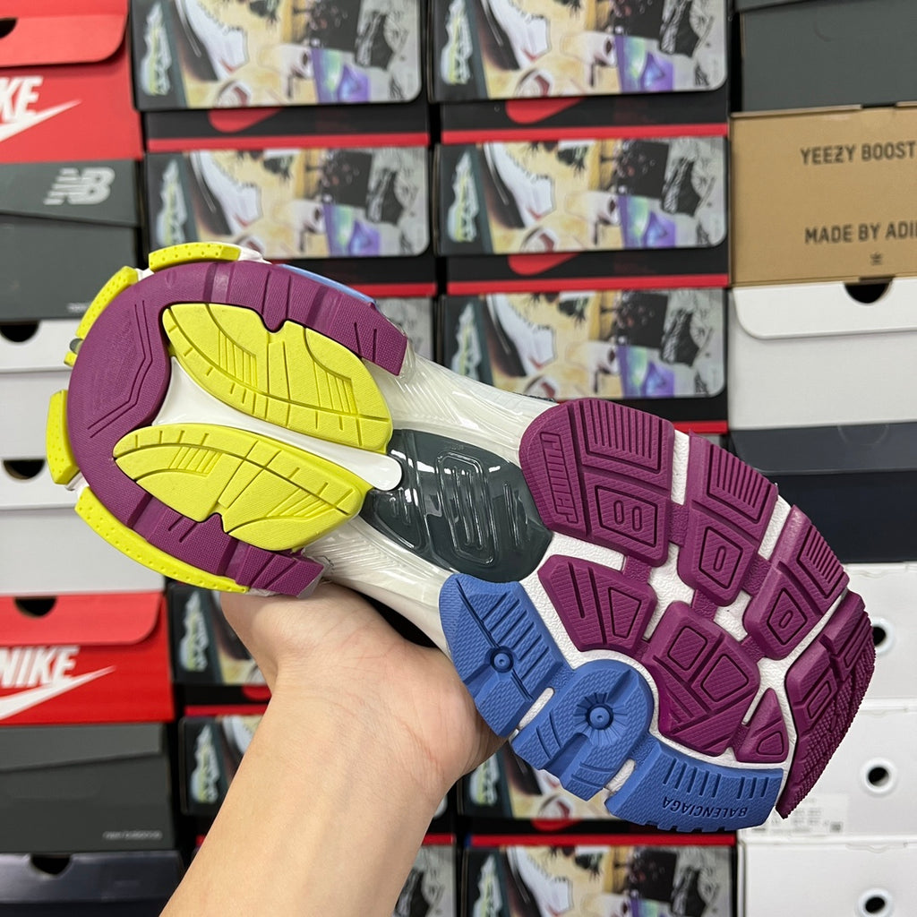 Balenciaga unisex sneakers outsole, purple and blue traction with yellow and gray panels