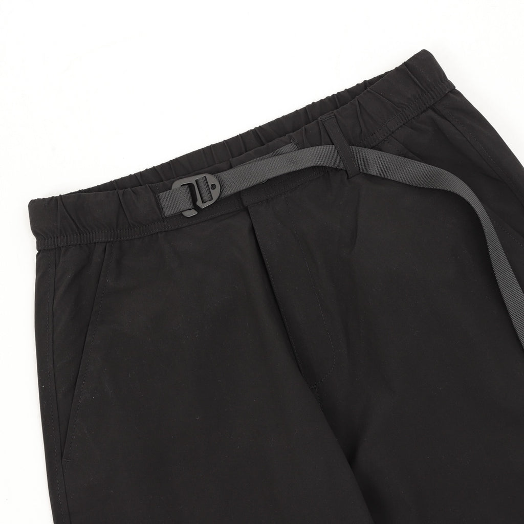 Black cargo shorts with elastic waist and web belt