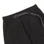 Black cargo shorts with elastic waist and web belt