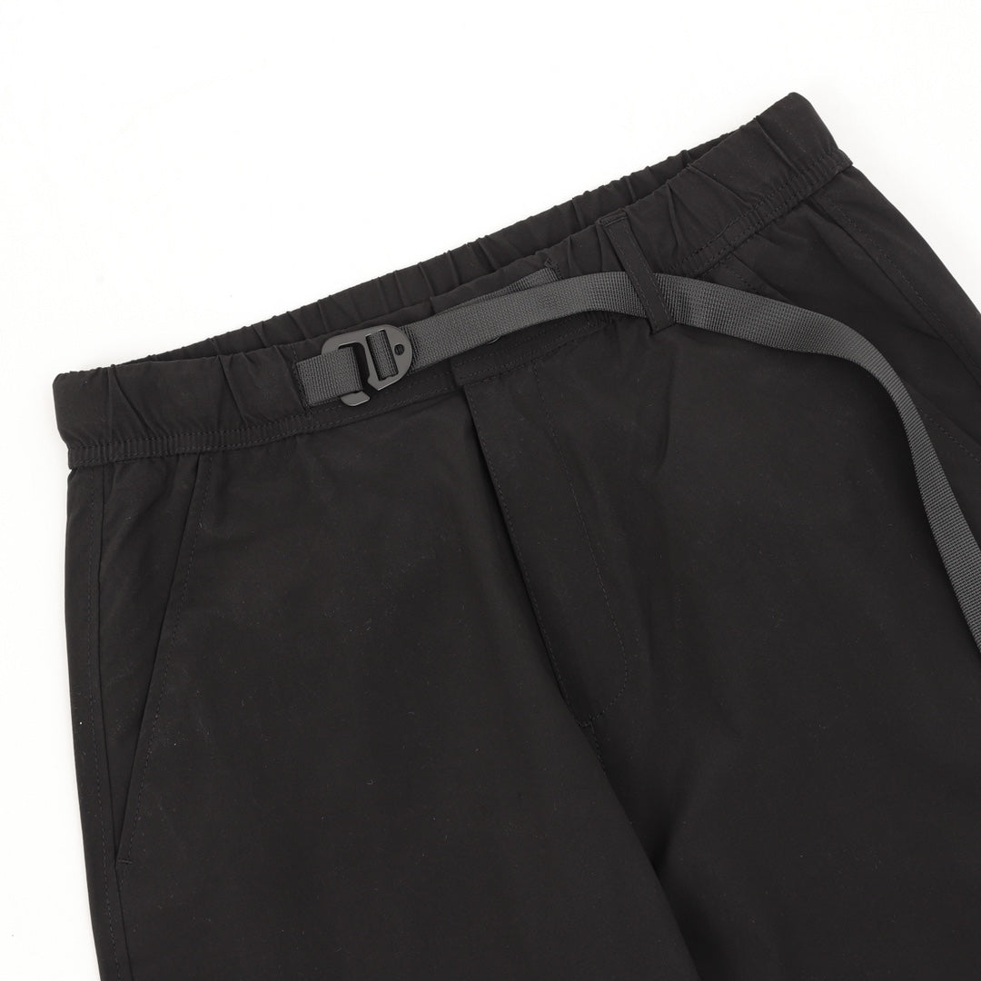 Black cargo shorts with elastic waist and web belt