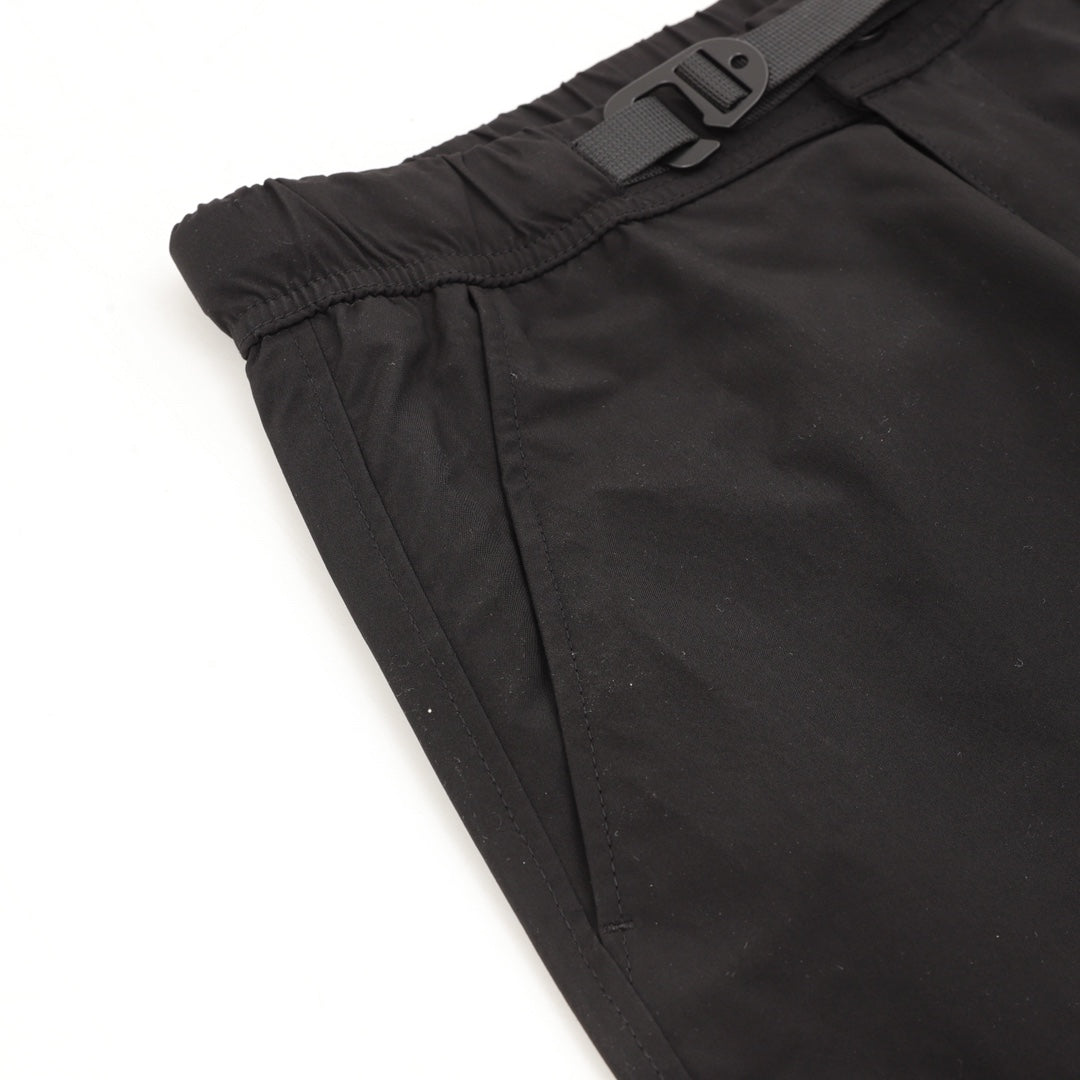 Black cargo shorts with adjustable side straps and drawcord