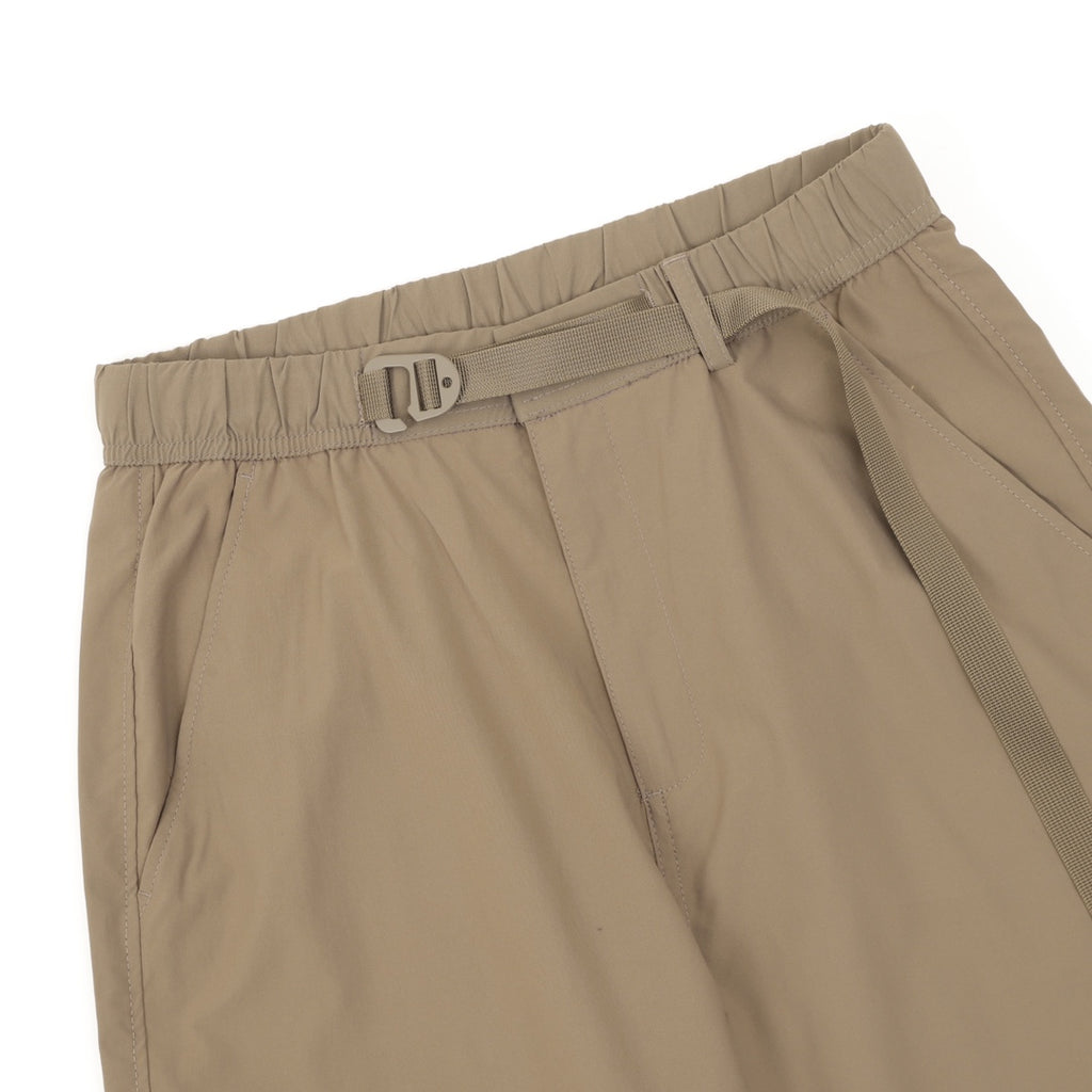 Khaki shorts with front buckle strap at waistband and pleated panel