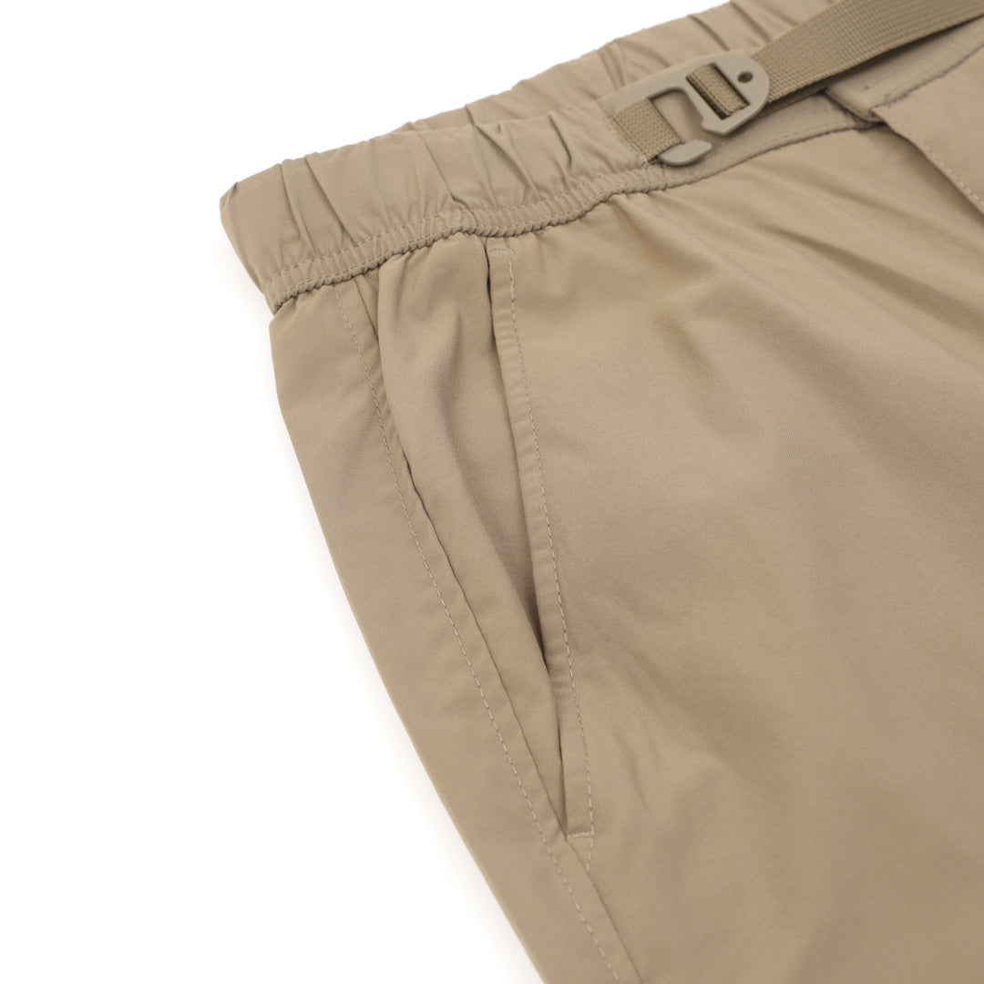 Khaki shorts waistband close-up with belt loops and drawstring